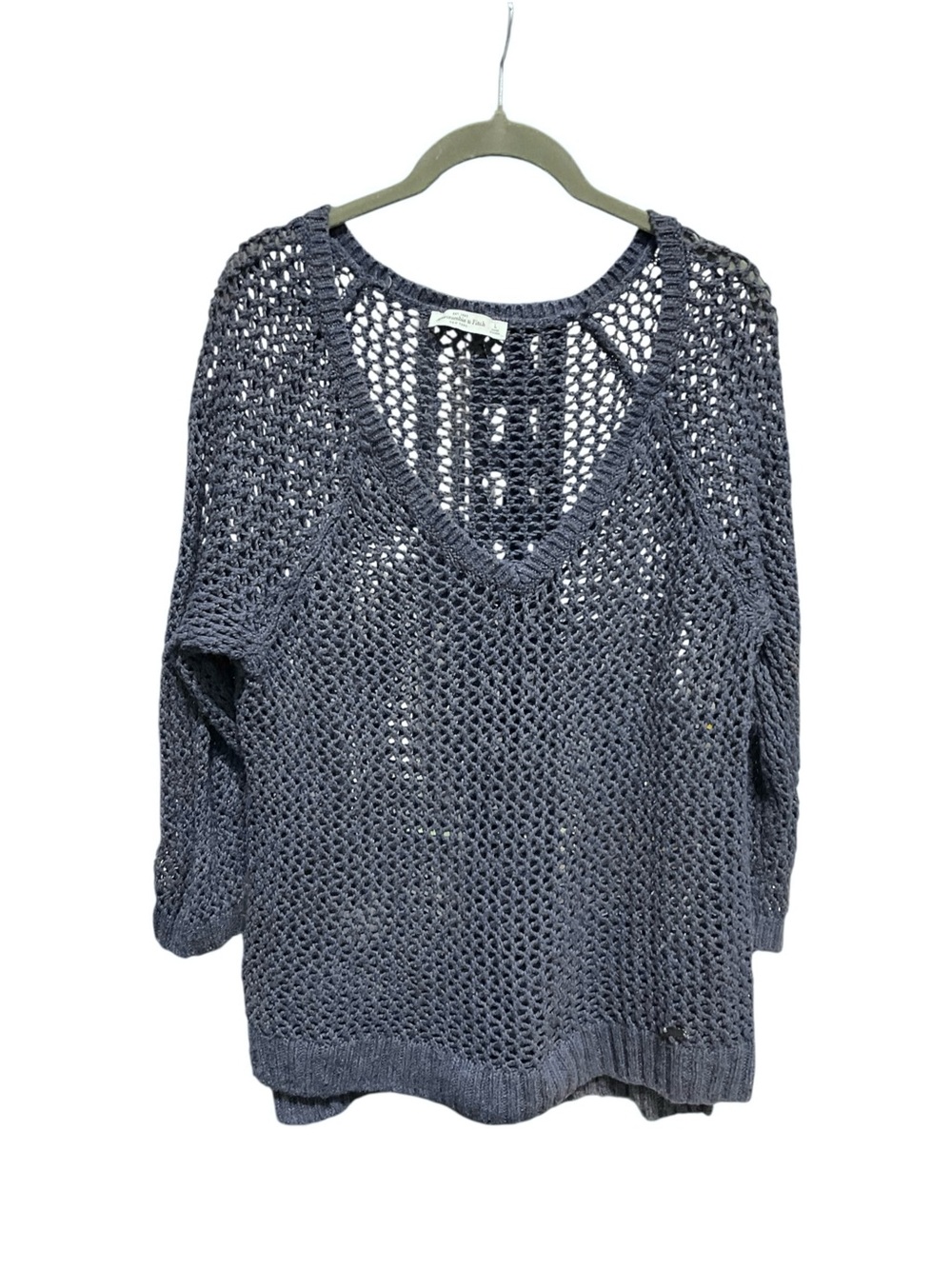Women's Blue Open-Knit V-Neck Sweater
